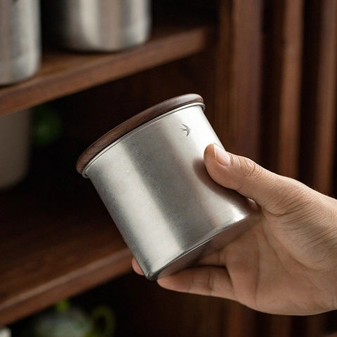 Coffee Canister Stainless Steel Storage Jar With Black Walnut Lid Airtight Sealing Food Container Vintage Brushed Swallow