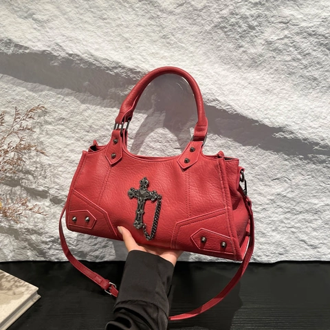 Borsa A Mano Biker Punk Gotico Pelle PU Borchie Croce Catena In Metallo Grande Capacità Borsa A Tracolla Per Donna