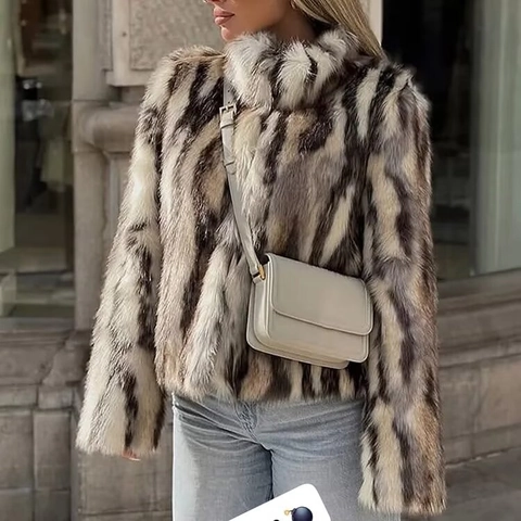 Women Faux Fur Jacket Animal Print Stand Collar Zipper Streetwear Trendy Warm Winter Outerwear