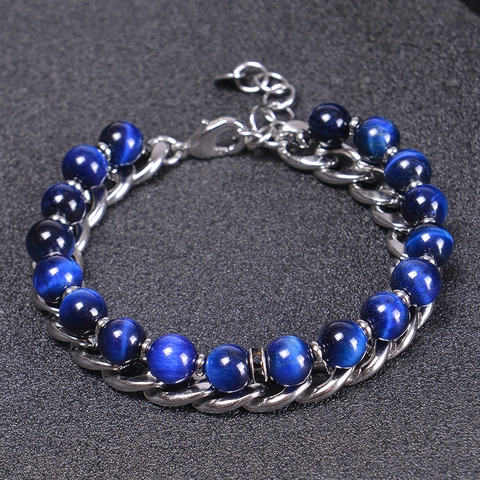 Lagen Herren Armband Edelstahlkette Und Natürliche Tigerauge Perlen Verstellbarer Punk Modeschmuck