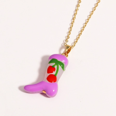 Collana Con Pendente A Stivale Viola Con Ciliegia Rossa Ottone Placcato Oro Smalto Gioielli Frutta Per Donne
