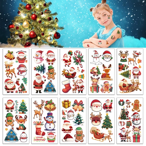 Adesivi Per Tatuaggi Temporanei Di Natale Per Bambini Impermeabile Cartone Animato Babbo Natale Renna Pupazzo Di Neve Arte Del Corpo Festa