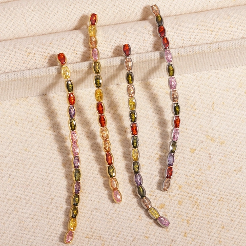 Colorful Marquise Cubic Zirconia Long Tassel Drop Earrings With Silver Earring Post Vintage Elegant Jewelry For Women