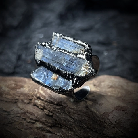 Irregular Raw Kyanite Labradorite Stone Ring Antique Silver Plated Adjustable Open Band Gothic Bohemian Vintage Rustic Jewelry