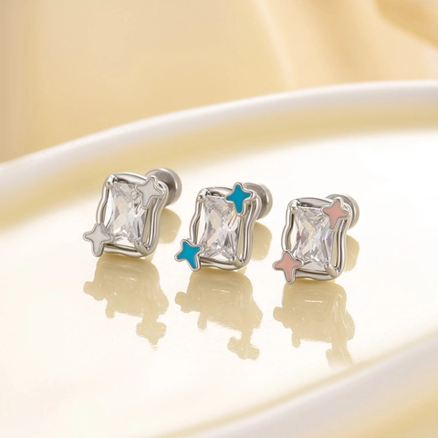 Star Geometric Zircon Stud Earrings Stainless Steel With Enamel Star Screw Back Cartilage Piercing Jewelry
