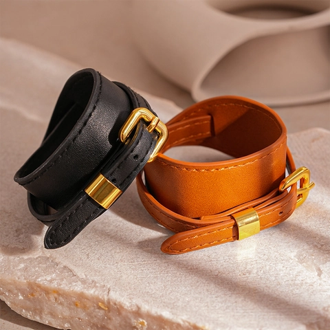 Vintage Faux Leather Wrap Bracelet Gold Alloy Belt Buckle Adjustable Choker Necklace For Women