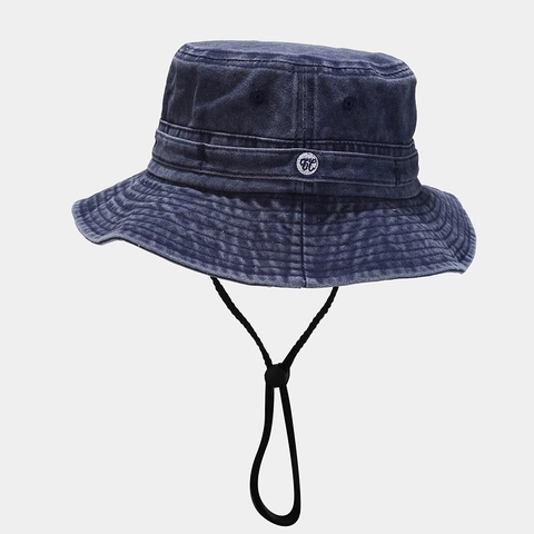Vintage Washed Cotton Bucket Hat With Adjustable Windproof Rope Outdoor Sun Protection Distressed Retro Unisex Wide Brim