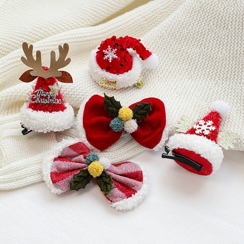 Pinzas Para El Pelo De Navidad Diadema De Gorro De Papá Noel Terciopelo Felpa Lazo Cuernos De Reno Copo De Nieve Accesorios Para El Cabello Fiesta