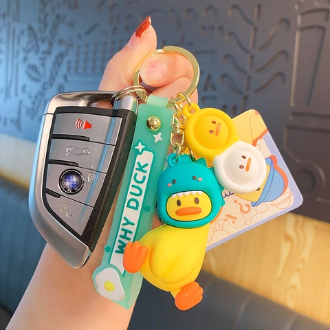 Cartoon Duck Keychain PVC Silicone Cute Animal Hat Bag Hanging Charm Kawaii Why Duck Wristband Key Ring Holder