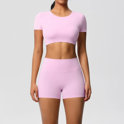Damen Sport Yoga Bekleidung Kurzarm Bauchfreies Top Und Hohe Taille Fitness Shorts Einfarbig Gerippter Trainingsanzug