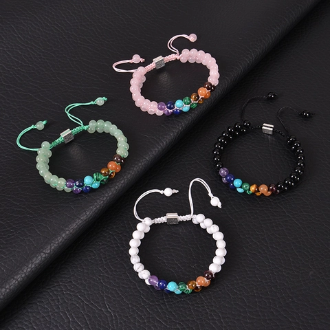 Double Layer Seven Chakra Natural Stone Beaded Bracelet With Tree Of Life Charm Braided Adjustable Healing Energy Stone Jewelry For Unisex