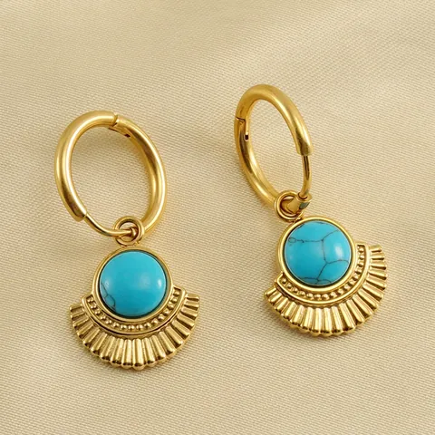 Vintage 18K Gold Plated Stainless Steel Fan Shaped Hoop Earrings With Turquoise Stone Bohemian Style Women