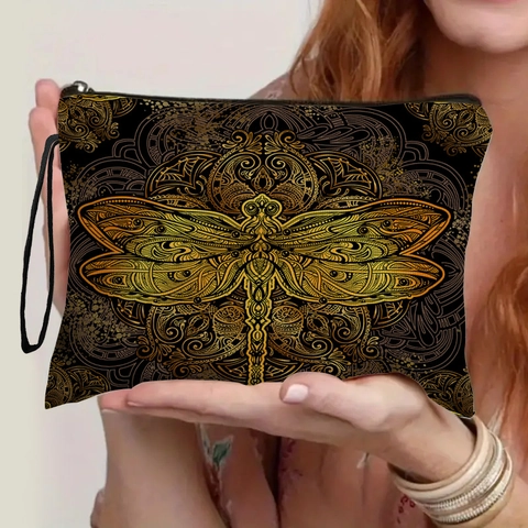 Beauty Case Con Stampa Mandala Libellula Pochette Per Cosmetici In Lino Fine Con Cerniera E Cinturino Da Polso Organizzatore