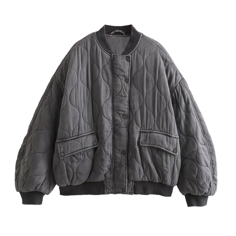 Women Quilted Bomber Jacket Solid Color Padded Outwear Loose Fit Snap Button Ribbed Trim Casual Warm