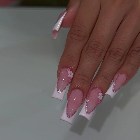 Medium Long French White Edge Flower Press On Nails Pink Gradient Silver Glitter 3D Removable Fake Nails For Women Girls