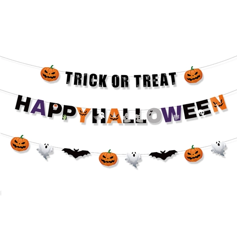 Striscione di Carta di Halloween Trick Or Treat Happy Halloween Zucca Fantasma Pipistrello Ghirlanda Appesa Decorazione Festa