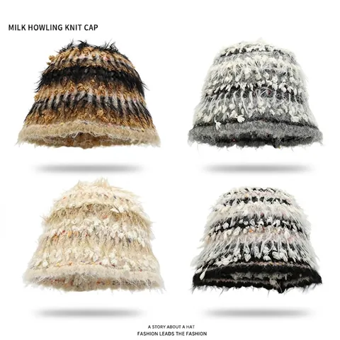 Women Fuzzy Plush Bucket Hat Acrylic Colorful Mixed Knit Warm Winter Fisherman Hat Japanese Sweet Style