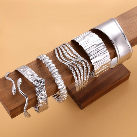 Bracciale Rigido In Acciaio Inossidabile Argento Donna Minimalista Texture Martellata Serpente Bangle Gioielli