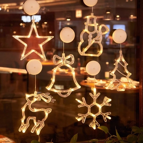 Christmas LED Suction Cup Window Lights Warm White Holiday Decor Santa Snowflake Reindeer Shape Battery Operated Transparent