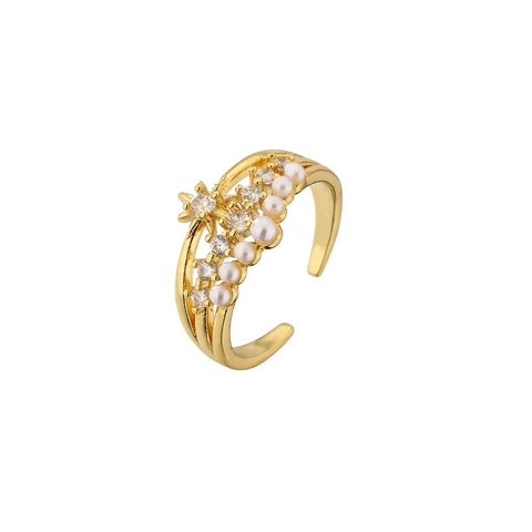 Fashion Open Adjustable Ring Copper Gold Plated With Zircon And Shell Artificial Pearl Evil Eye Heart Flower For Women