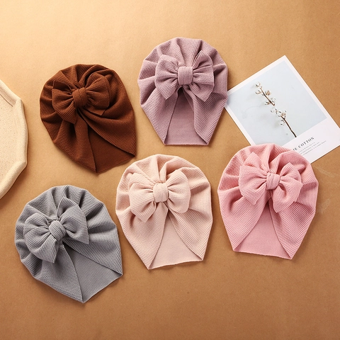 Soft Ribbed Cotton Baby Turban Hat With Large Bow Solid Color Breathable Indian Style Beanie For Newborn Infant Toddler