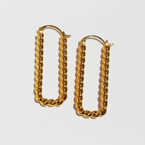 Vintage Brass Twisted Rectangle Hoop Earrings For Women Gold Plated Geometric Rope Textured Metallic Individual Fashion Jewelry Gift
