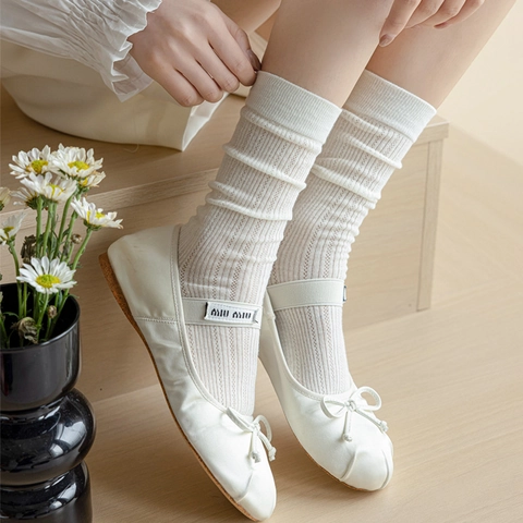 Calcetines De Algodón Para Mujer Media Pantorrilla Malla Hueca Transpirables Color Sólido Estilo JK Dulce
