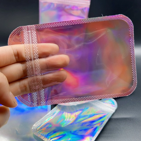 Holographic Self Sealing Packaging Bags Rainbow Laser Plastic Ziplock Pouch With Hanging Hole For Jewelry Small Items