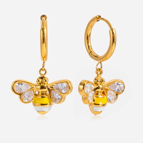 Orecchini a Cerchio Ape in Acciaio Inossidabile per Donna Placcati Oro Strass Smalto Ciondolo Animale Gioielli Moda Regalo