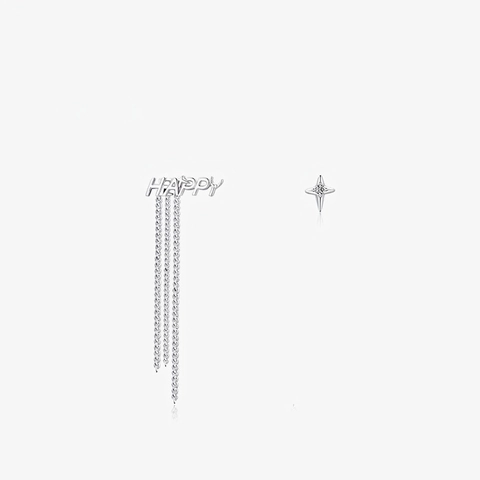 Orecchini Asimmetrici Argento Sterling 925 Scritta Happy Nappine A Catena Lunga Stella A Quattro Punte Zircone Gioielli Da Donna