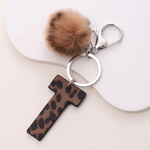 Portachiavi Alfabeto Con Stampa Leopardata Ecopelle Lettera Iniziale Con Pompon Di Pelliccia Marrone Pendente Per Borsa Retrò
