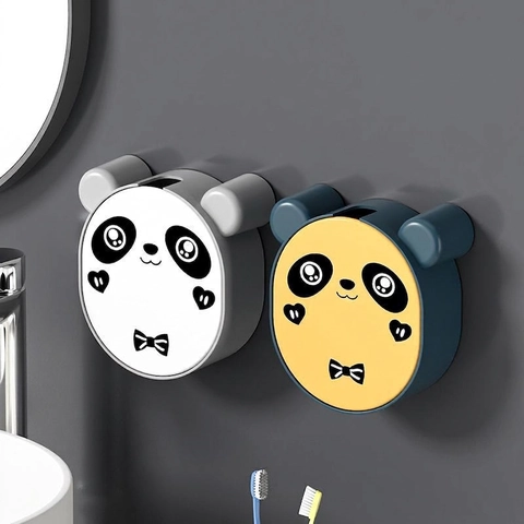 Cute Panda Soap Dish Wall Mounted Punch Free Flip Top Drainage Plastic Storage Holder For Bathroom Decor Cartoon