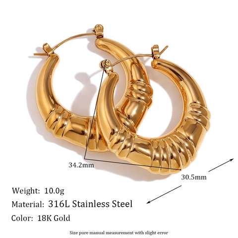 Orecchini A Cerchio Spessi Acciaio Inossidabile Placcato Oro 18K Cavi Texture A Costine Retro Gioielli Per Donna