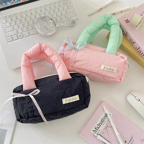 Trousse À Crayons Rembourrée Grande Capacité Sac À Cosmétiques Portable Avec Nœud Couleur Contrastée Organisateur De Papeterie