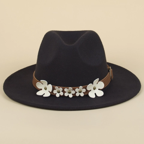 Chapeau Fedora Vintage En Feutre De Laine Femmes Élégant À Bord Large Avec Décoration De Ceinture À Fleurs En Cuir Blanc Et Rivets
