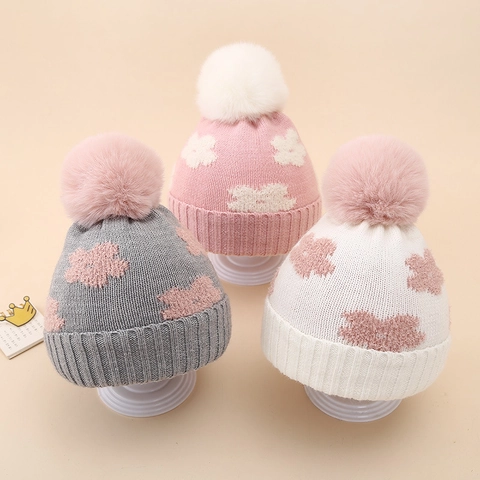 Acrylic Warm Knit Baby Hat With Floral Pattern Pompom Winter Double Layer Thick Crochet Beanie For Newborn Infants 0-12 Months