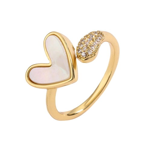 Adjustable Open Ring For Women In Copper With Mother Of Artificial Pearl Inlay Micro Pave Zircon Geometric Heart Elegant Jewelry