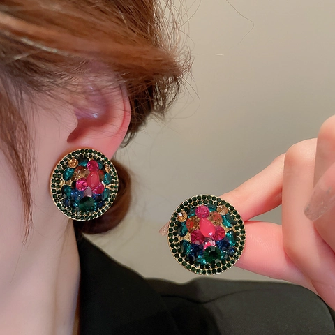 Vintage Round Ear Clips For Women Non Pierced Alloy Colorful Rhinestone Elegant Luxury Geometric Jewelry