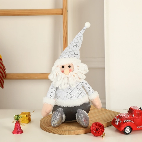 Décorations De Noël En Peluche Paillettes Argentées Père Noël Bonhomme De Neige Renne Poupée Assise Décoration De Table Style Nordique