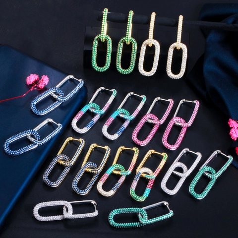 Geometric Interlocking Chain Link Hoop Earrings Copper 18K Gold Plated Micro Paved Colorful Cubic Zirconia Women Jewelry