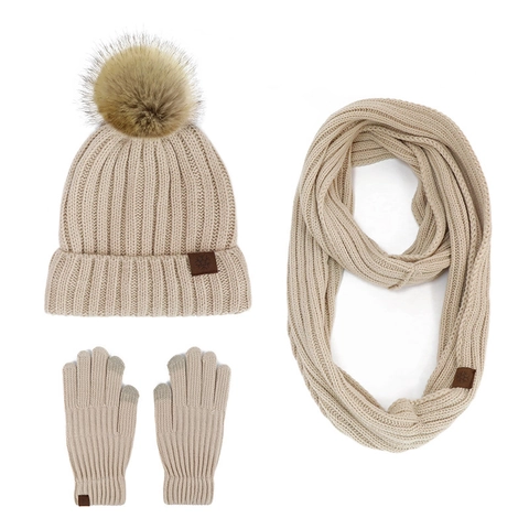 Winterwarme Strickmütze Mit Bommel Rundschal Und Touchscreen Handschuhe Dickes Fleece Futter Thermisch Outdoor Für Damen