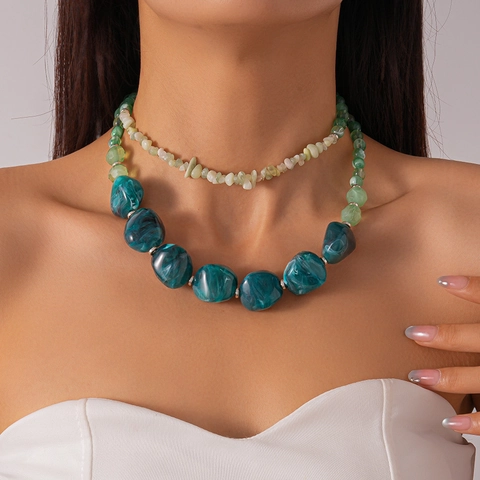 Vintage Double Layer Necklace With Irregular Acrylic Beads And Stone Vacation Style Geometric Jewelry For Women