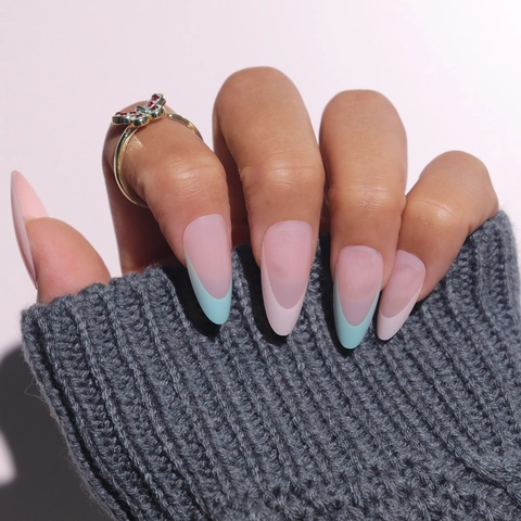 French Press On Nails Long Almond False Nails Nude Pink Blue Tips Glossy Artificial Finger Nails For Women