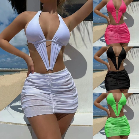 Polyester Spandex Women Swimsuit Monokini Mesh Ruched Skirt Halter Cutout Metal Ring Sexy Beachwear