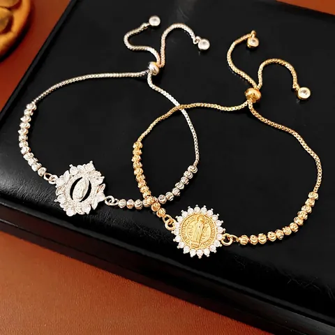 Religious Portrait Charm Bracelet Copper Cubic Zirconia Adjustable Pull String Round Virgin Mary Medal Luxury Jewelry Women