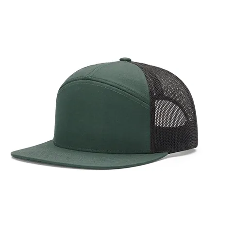 Katoen 7-Panel Trucker Pet Gaas Achterkant Platte Rand Geborduurd Snapback Cap Voor Dames Heren Ademend Outdoor Casual Hoofddeksels