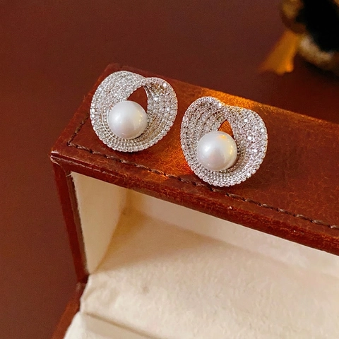 Elegant Spiral Artificial Pearl Stud Earrings With Zircon Inlay And Silver Earring Post For Women Minimalist Jewelry