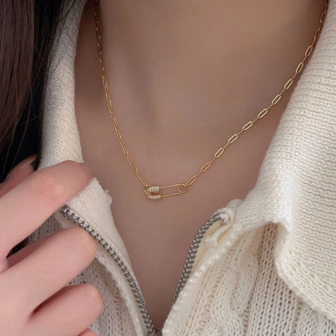 Collana Con Ciondolo A Spilla Di Sicurezza In Argento Sterling 925 Con Zirconi Catena A Graffetta Minimalista Da Donna Oro 18K