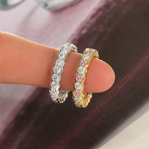 Geometric Eternity Ring Copper Cubic Zirconia Wave Pattern Alternating Pink White Stones Minimalist Jewelry For Women