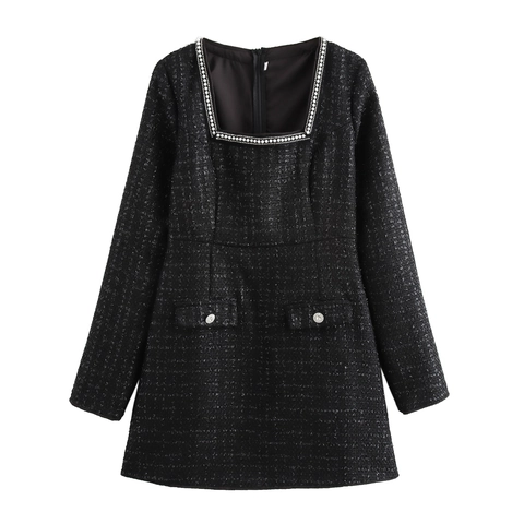 Vestido Mini De Tweed Vintage Elegante Cuello Cuadrado Manga Larga Adorno De Perlas Artificiales Y Pedrería Negro Corte A Mujer
